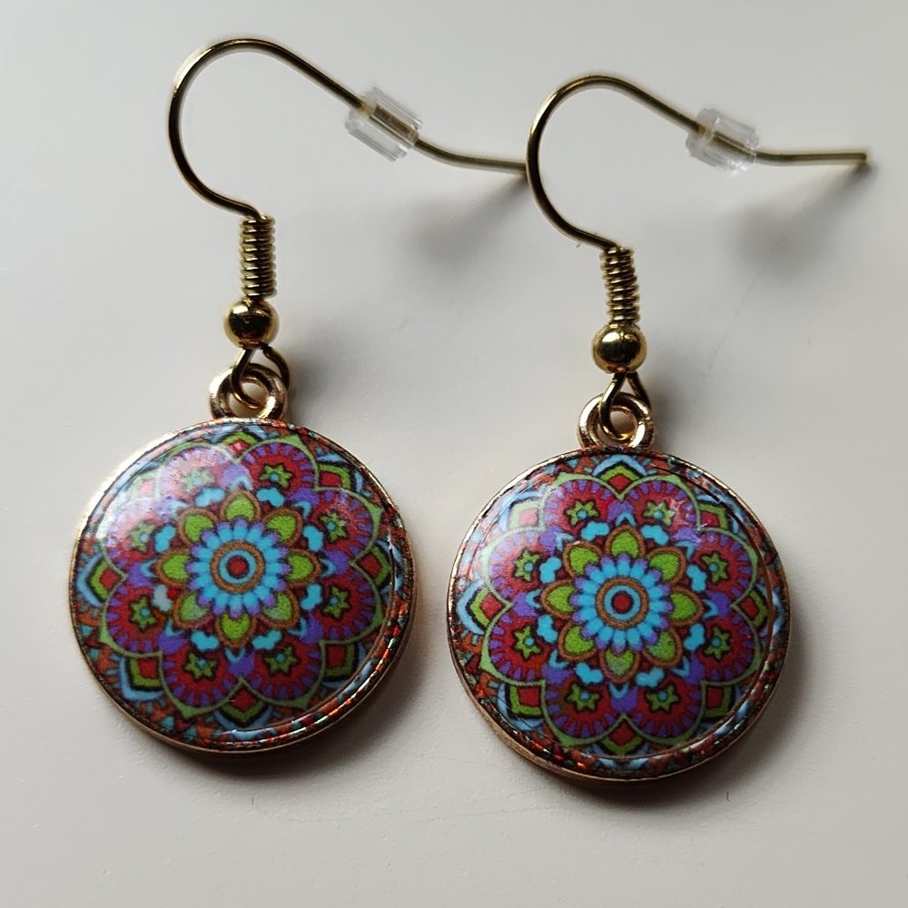 Artisan Mandala pattern & gold earrings, pink, blue & green